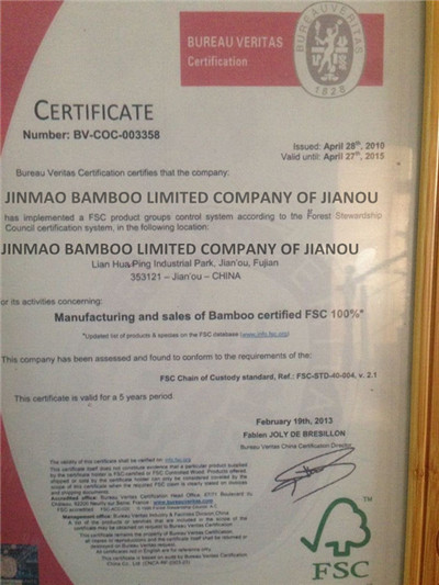 FSC certification of bamboo factory jinmao, pingxin factory